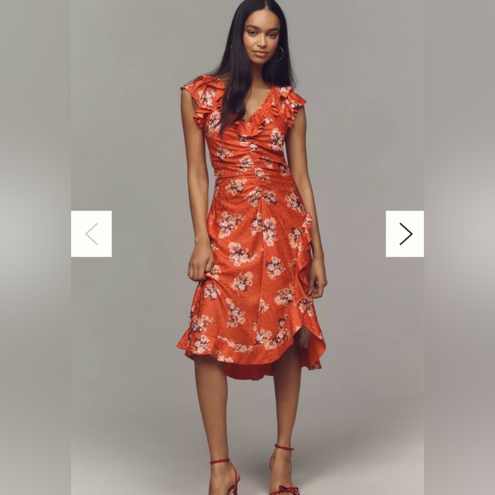 Anthropologie Ruffle Wrap Floral Midi Dress in Dark Orange Size 12